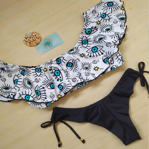 Damen Bunt bedruckter Bikini mit Schultervolants EB