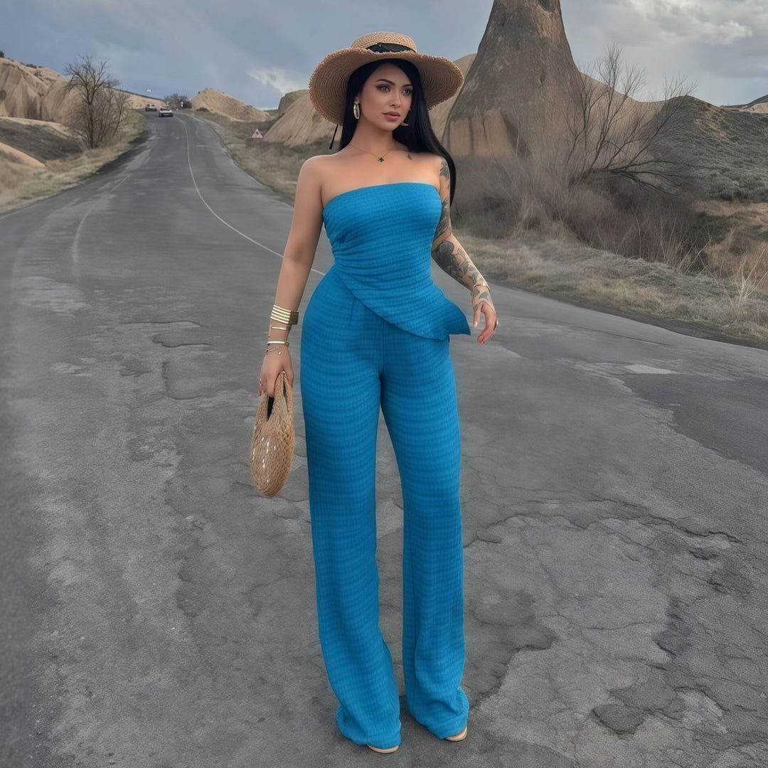 Damen eleganter Jumpsuit mit schulterfreiem Design und asymmetrischem Saum EB