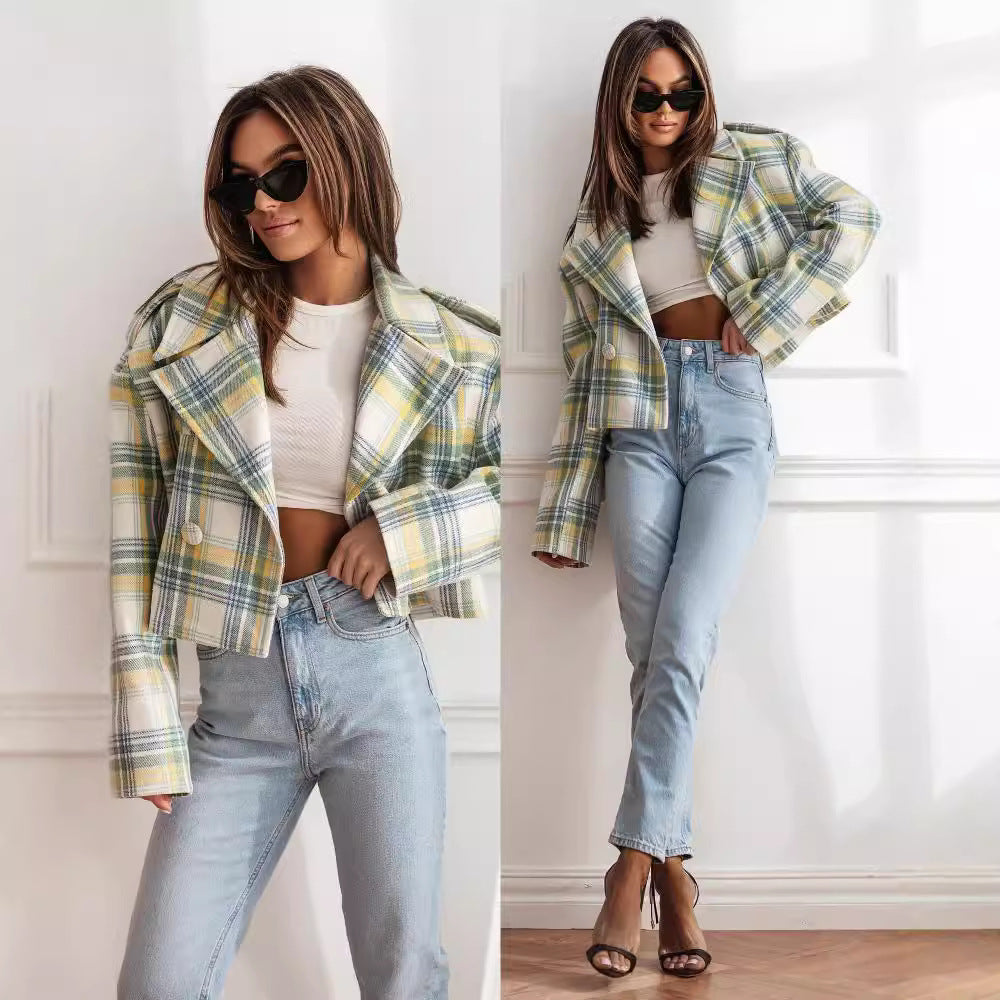 Damen Karierte Cropped Jacke EB
