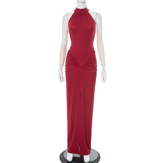 Damen elegantes Maxikleid mit hochgeschlossenem Kragen und raffinierten Raffungselementen EB