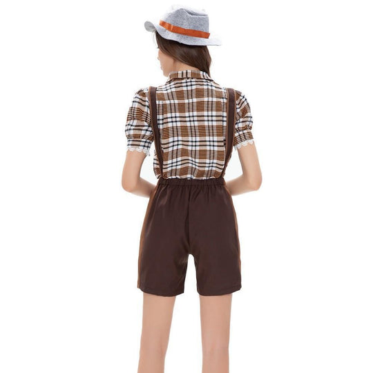 Damen nan Trachten-Shorts mit besticktem Latz, verstellbaren Trägern und karierter Bluse EB