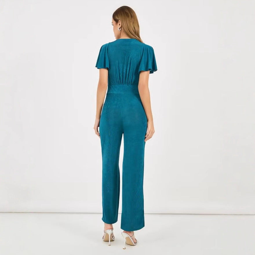 Damen eleganter Jumpsuit mit fließendem Schnitt und detailreichen Puffärmeln EB