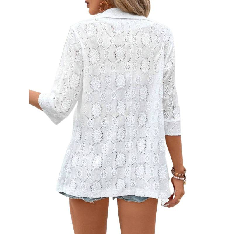 Damen Spitzenjacke im lässigen Boho-Stil mit floralem Design und 3/4-Ärmeln EB