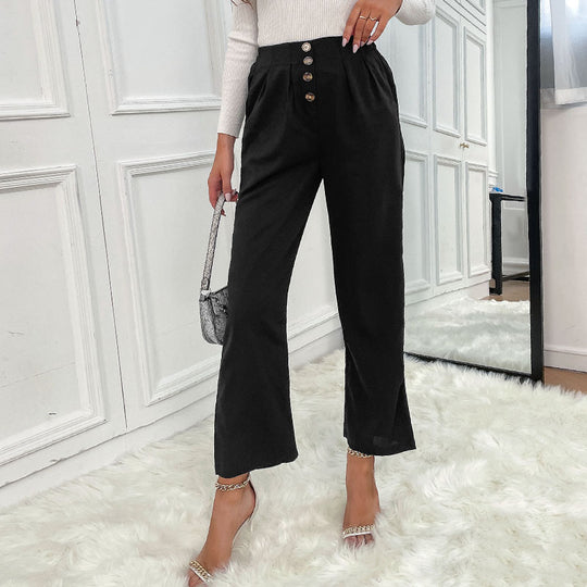 Damen elegante Stoffhose mit hohen Bund und modischen Knopfdetails EB