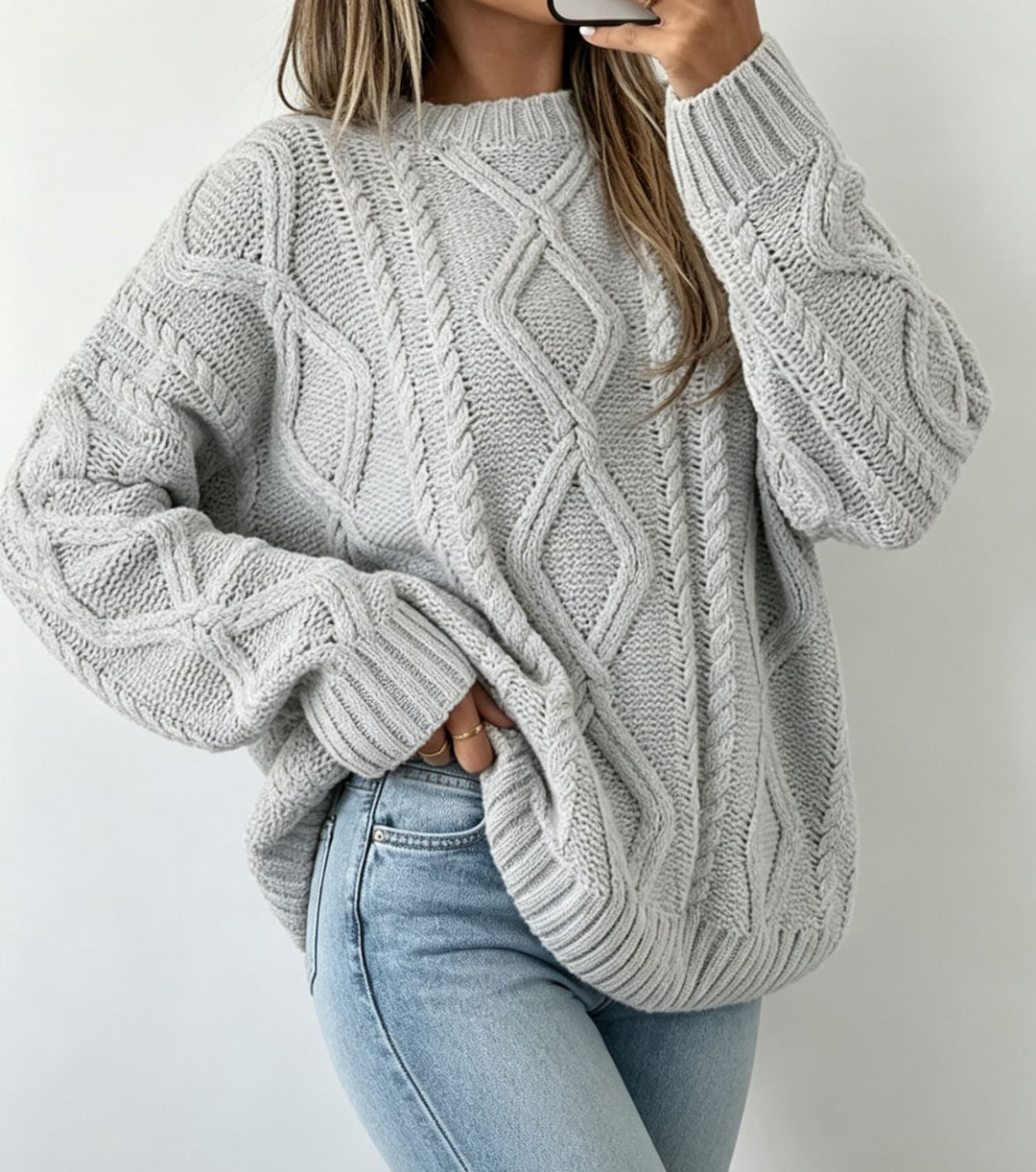Damen Oversize Flechtstrick-Pullover mit Zopfmuster und Rundhals EB