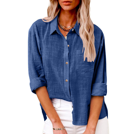 Damen nan oversized Leinen-Baumwollmix Hemdbluse mit Brusttasche und krempelbaren Ärmeln EB