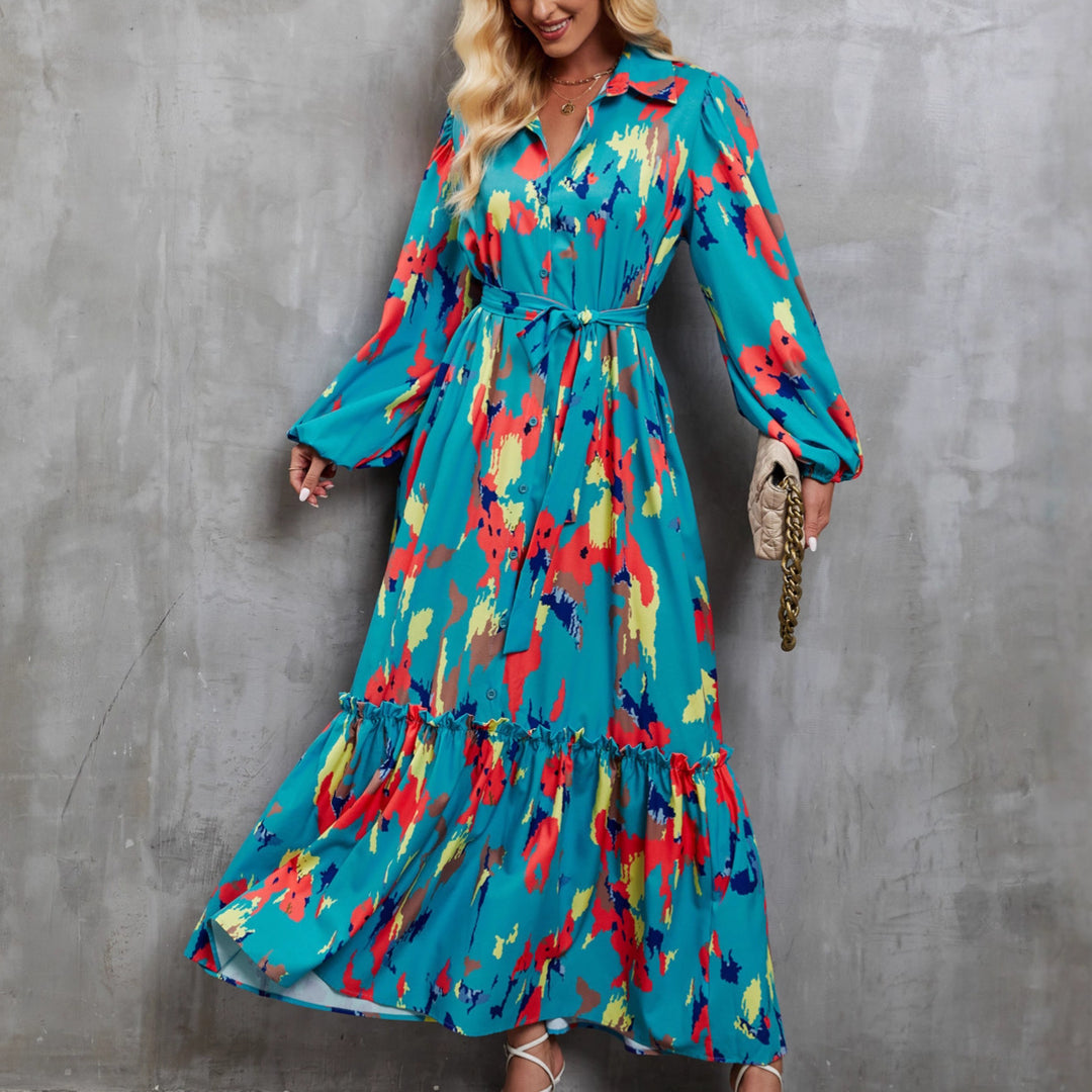 Damen Maxikleid mit farbenfrohem Floral-Design und elegantem Taillengürtel EB