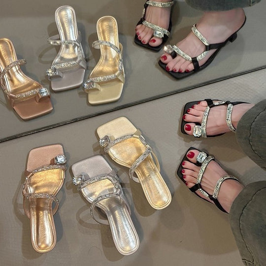 Damen elegante Riemchen-Sandalen mit funkelndem Akzent und komfortablem Absatz EB