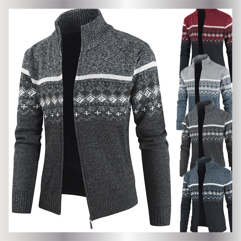 Herren Strickjacke mit geometrischen Mustern und hohem Kragen EB