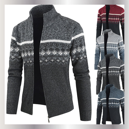 Herren Strickjacke mit geometrischen Mustern und hohem Kragen EB