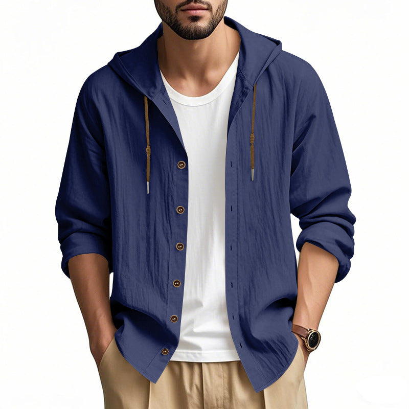 Herren nan leichtes Kapuzenhemdjacke aus Leinenoptik mit durchgehender Knopfleiste EB