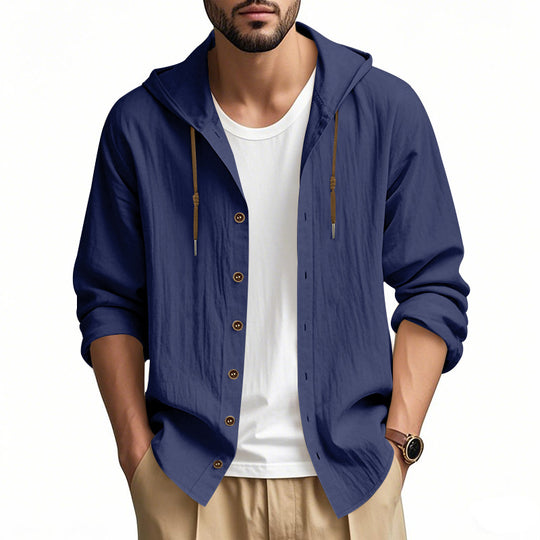 Herren nan leichtes Kapuzenhemdjacke aus Leinenoptik mit durchgehender Knopfleiste EB