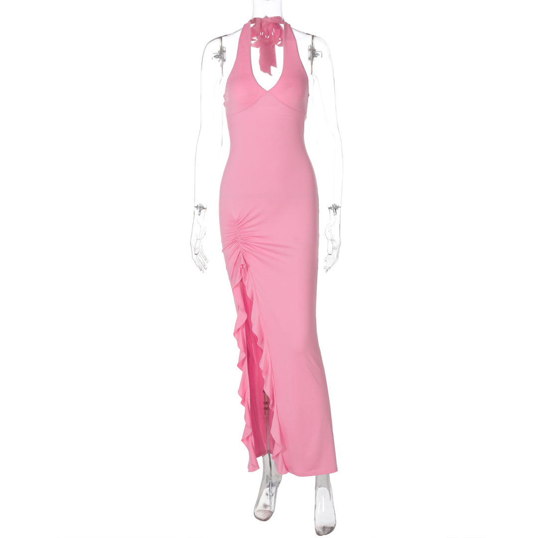 Damen elegantes Maxikleid mit tiefem V-Ausschnitt und seitlichem Schlitz EB