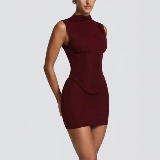 Damen Enganliegendes Stretch-Minikleid mit hohem Kragen EB