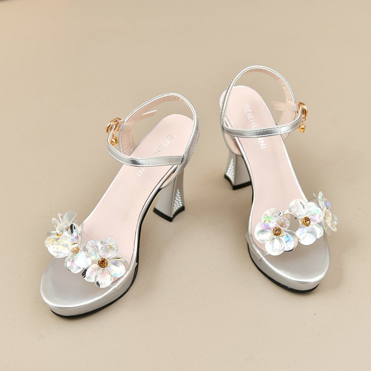 Damen elegante High Heel Sandalen mit blumigen Strassverzierungen EB