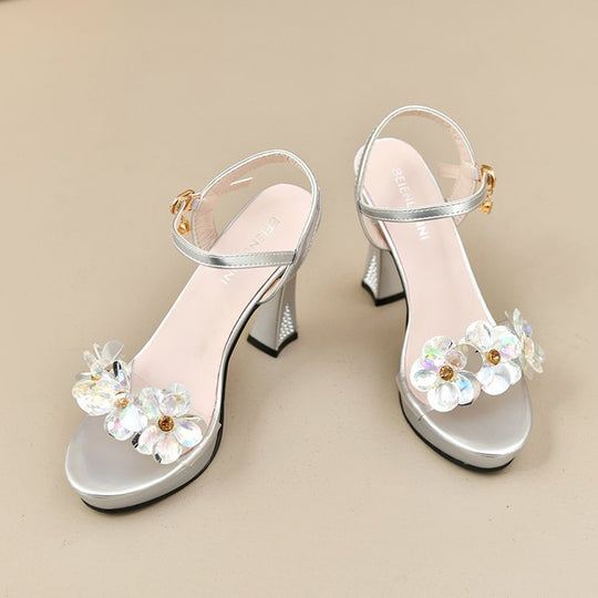 Damen elegante High Heel Sandalen mit blumigen Strassverzierungen EB