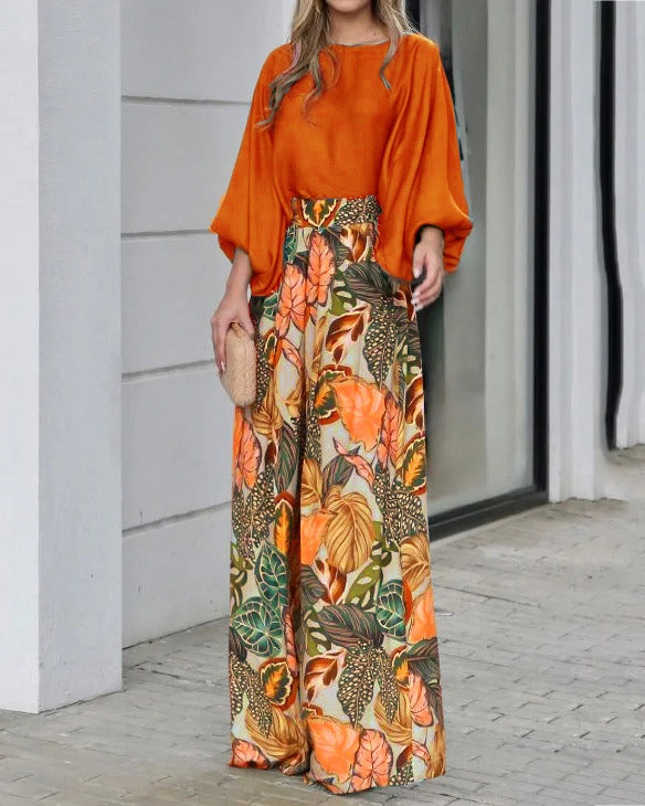 Damen Elegantes Oberteil mit weitem, blumenmusterdefiniertem Hosenensemble EB