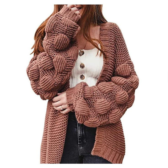 Damen Grobstrick-Cardigan mit voluminösen Puffärmeln und elegantem V-Ausschnitt EB