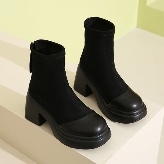 Damen Hochfront Stiefeletten mit modischem Blockabsatz und elastischem Material EB