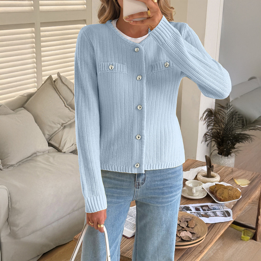 Damen nan Feiner Strickcardigan mit schimmernden Zierknöpfen, geripptem Saum und Brusttaschenoptik EB