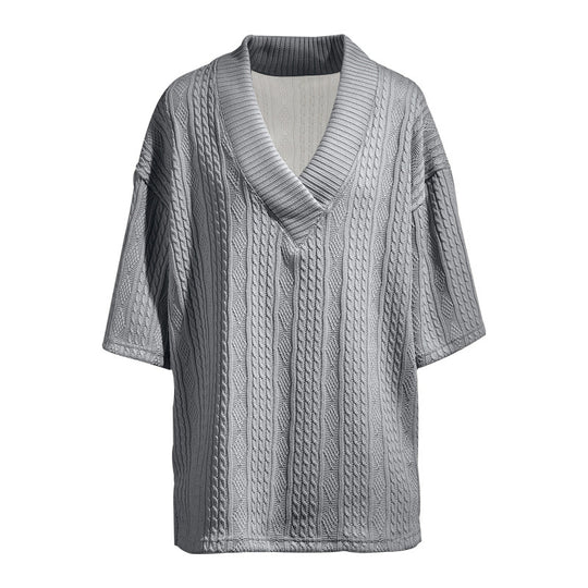 Damen nan weiter Kurzarm-Strickpullover mit Schalkragen und Zopfmuster EB