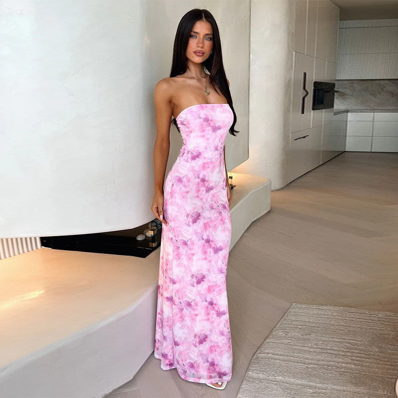 Damen elegantes trägerloses Maxikleid mit floralem Muster und figurbetonter Silhouette EB
