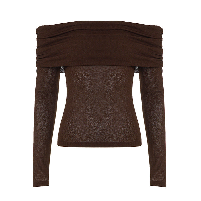 Damen nan schulterfreies Feinstrick-Longsleeve mit gerafftem Umschlagkragen und taillierter Passform EB