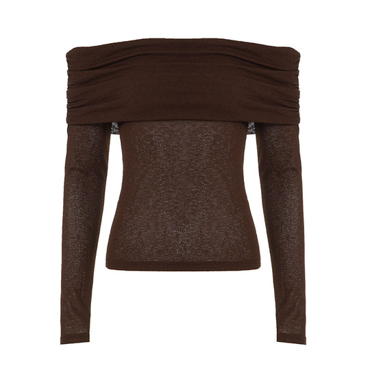 Damen nan schulterfreies Feinstrick-Longsleeve mit gerafftem Umschlagkragen und taillierter Passform EB