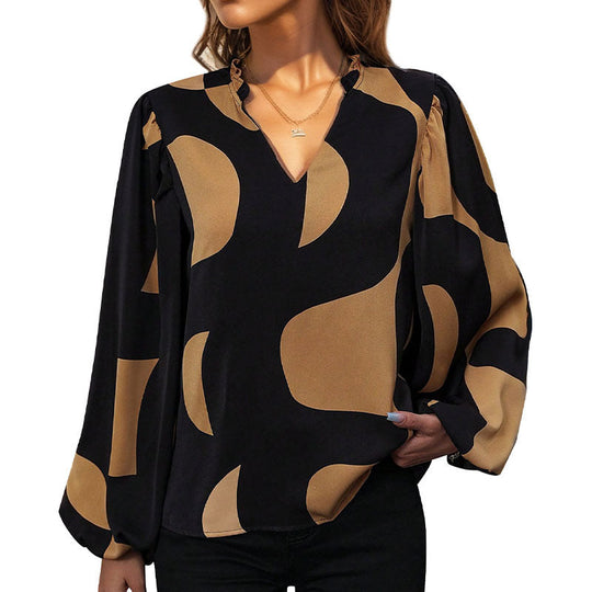 Damen Bluse mit Modischem V-Ausschnitt und Einzigartigem Muster EB