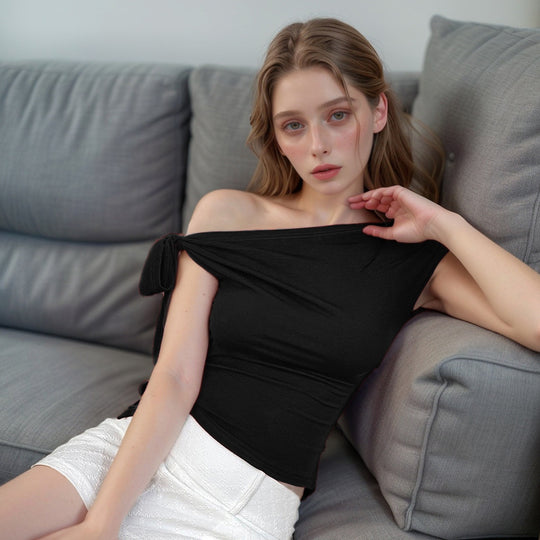 Damen Off-Shoulder Oberteil mit lässiger Schnittführung und dekorativem Knoten EB