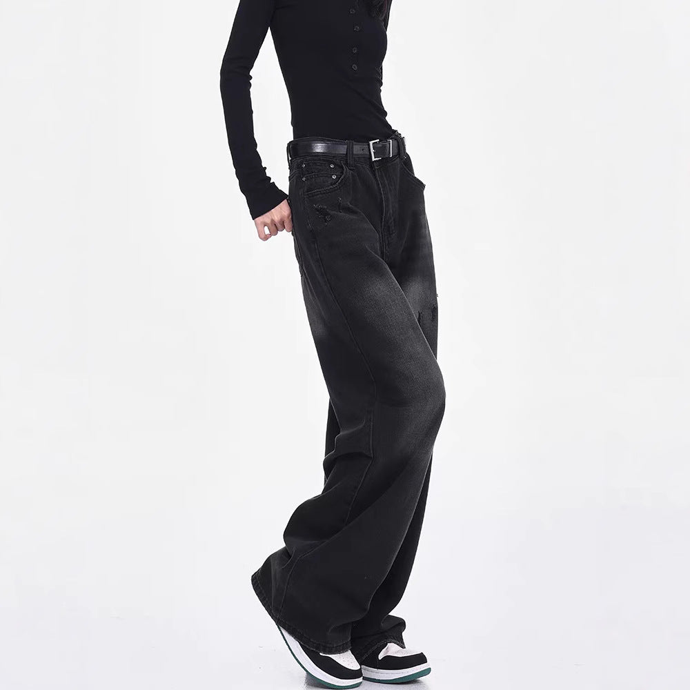 Damen Weite Denim-Hose mit hohem Bund und modischen Rissdetails EB