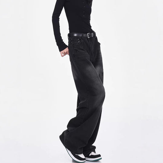 Damen Weite Denim-Hose mit hohem Bund und modischen Rissdetails EB