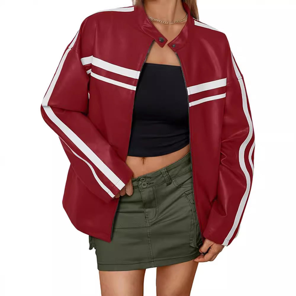 Damen Kunstlederjacke mit sportlichen Streifen EB