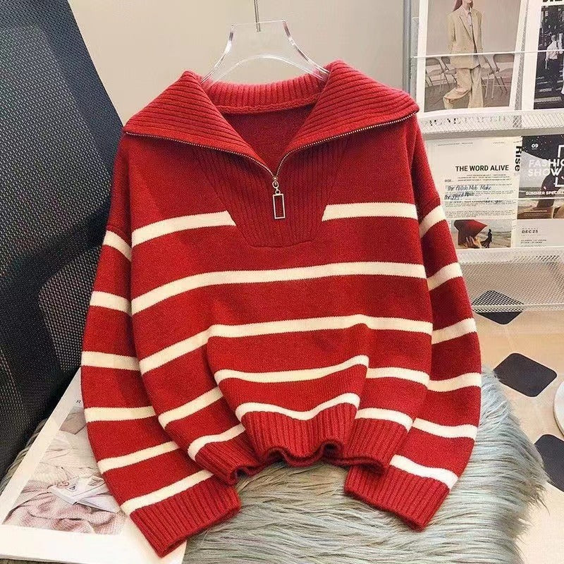 Damen Gestreifter Halb-Reißverschluss Strickpullover mit Rippenkragen EB