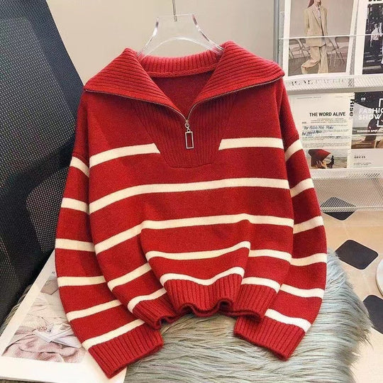 Damen Gestreifter Halb-Reißverschluss Strickpullover mit Rippenkragen EB