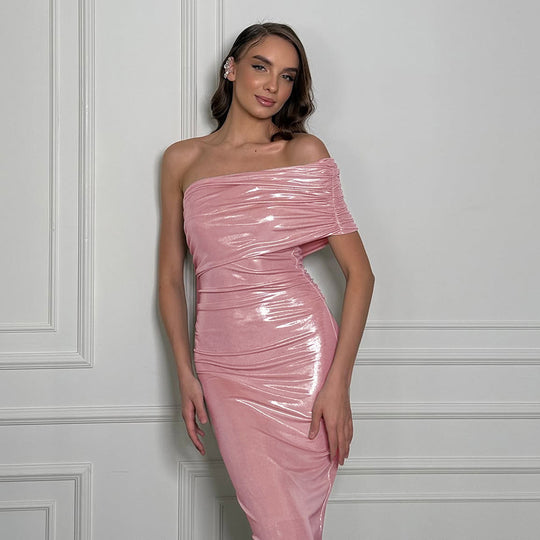 Damen schulterfreies elegantes Wickelkleid mit glänzenden Akzenten EB