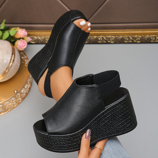 Damen Wedge-Pantoletten mit offenem Zehenbereich und elastischer Riemenstruktur EB