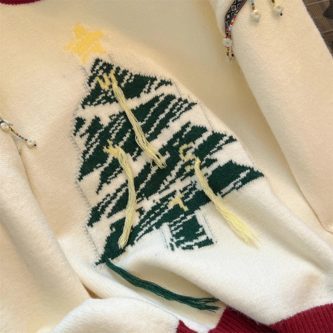 Damen festlicher Strickpullover mit Tannenbaum-Motiv und verspielten Akzenten EB