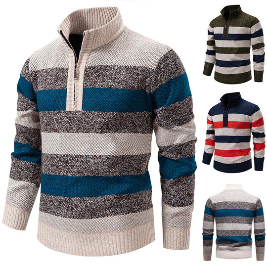 Herren modischer Strickpullover mit halbem Reißverschluss und gestreiftem Muster EB