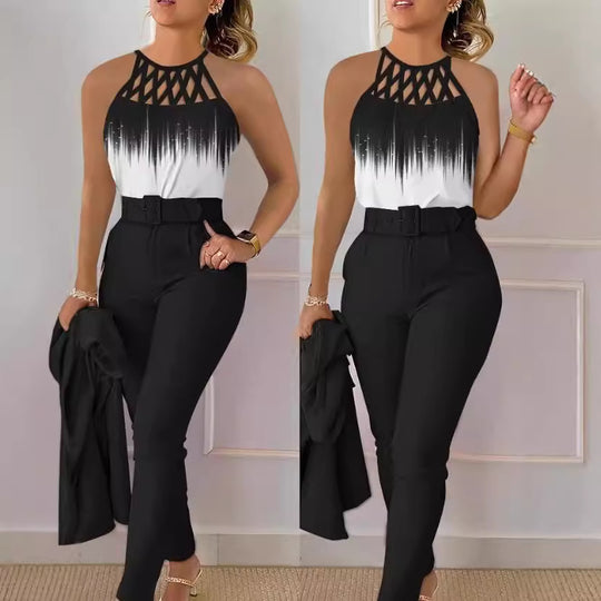 Damen Schicke Bluse mit Netzträgern und eleganter Hose EB