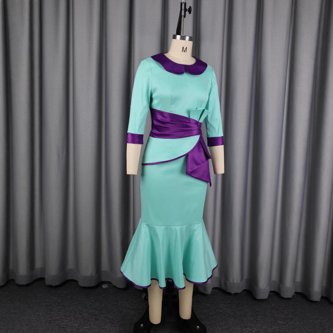 Damen elegantes Kleid mit modischem Kragen und asymmetrischem Taillendetail EB