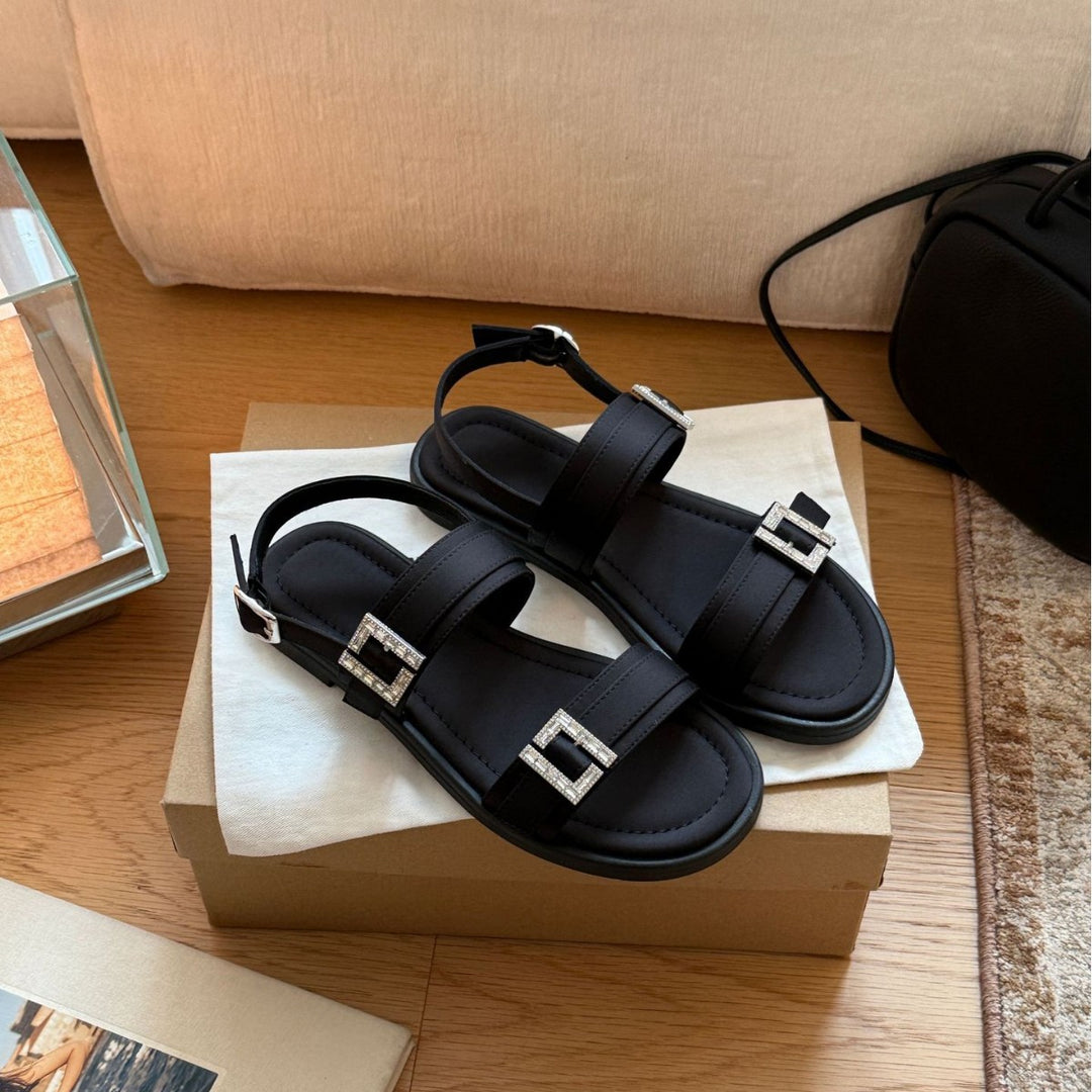 Damen modische Zehentrenner-Sandalen mit eleganten, verstellbaren Riemen und glitzernden Schnallen EB