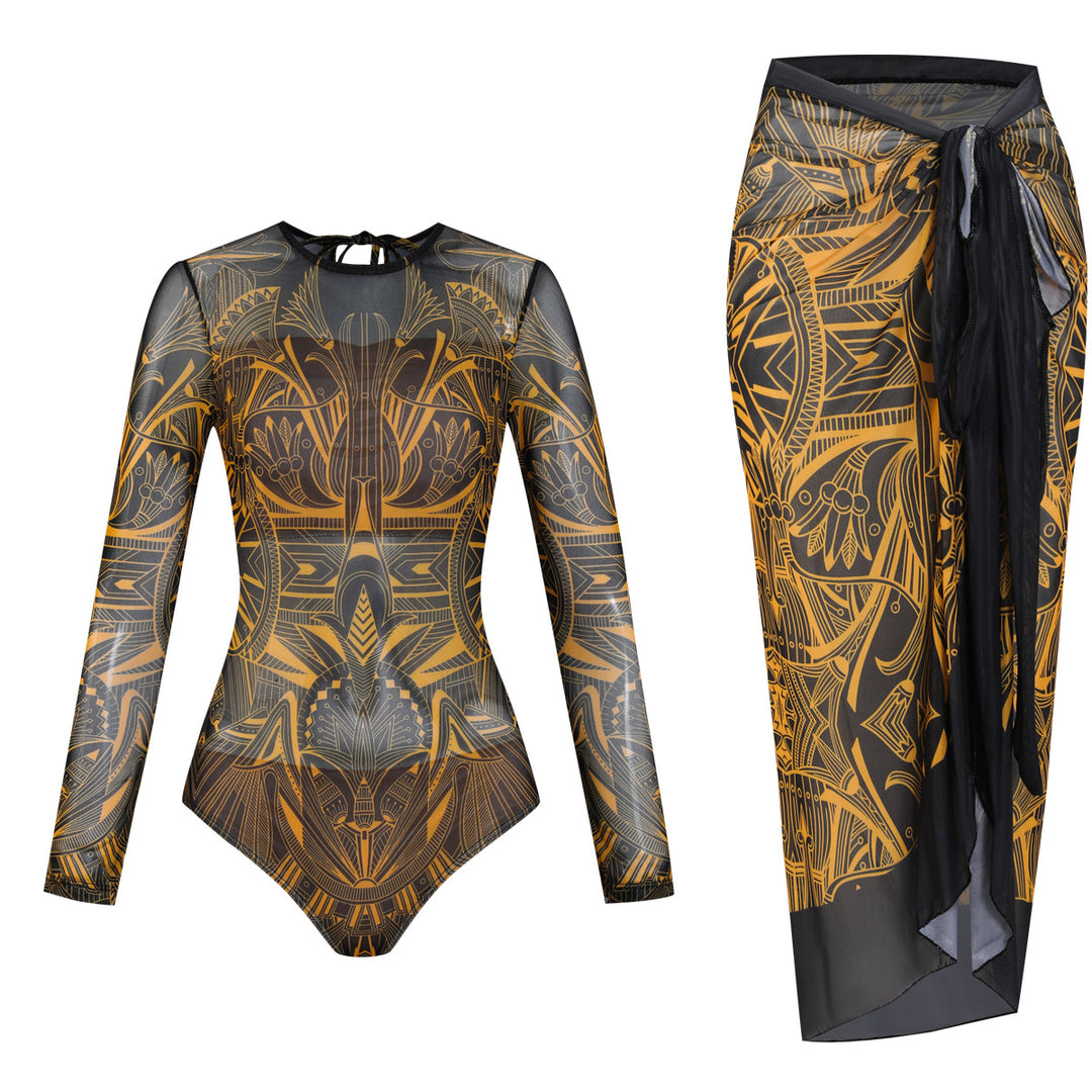 Damen Langarm-Badeanzug mit modernem Grafikdesign EB