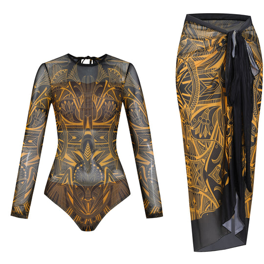 Damen Langarm-Badeanzug mit modernem Grafikdesign EB