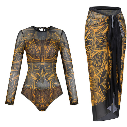 Damen Langarm-Badeanzug mit modernem Grafikdesign EB