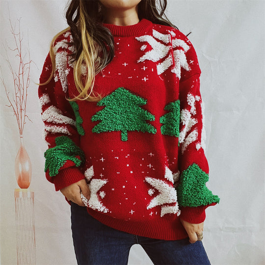 Damen Weihnachtspullover mit festlichem Motiv und voluminösen Ärmeln EB