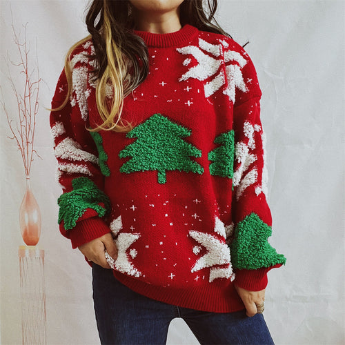 Damen Weihnachtspullover mit festlichem Motiv und voluminösen Ärmeln EB