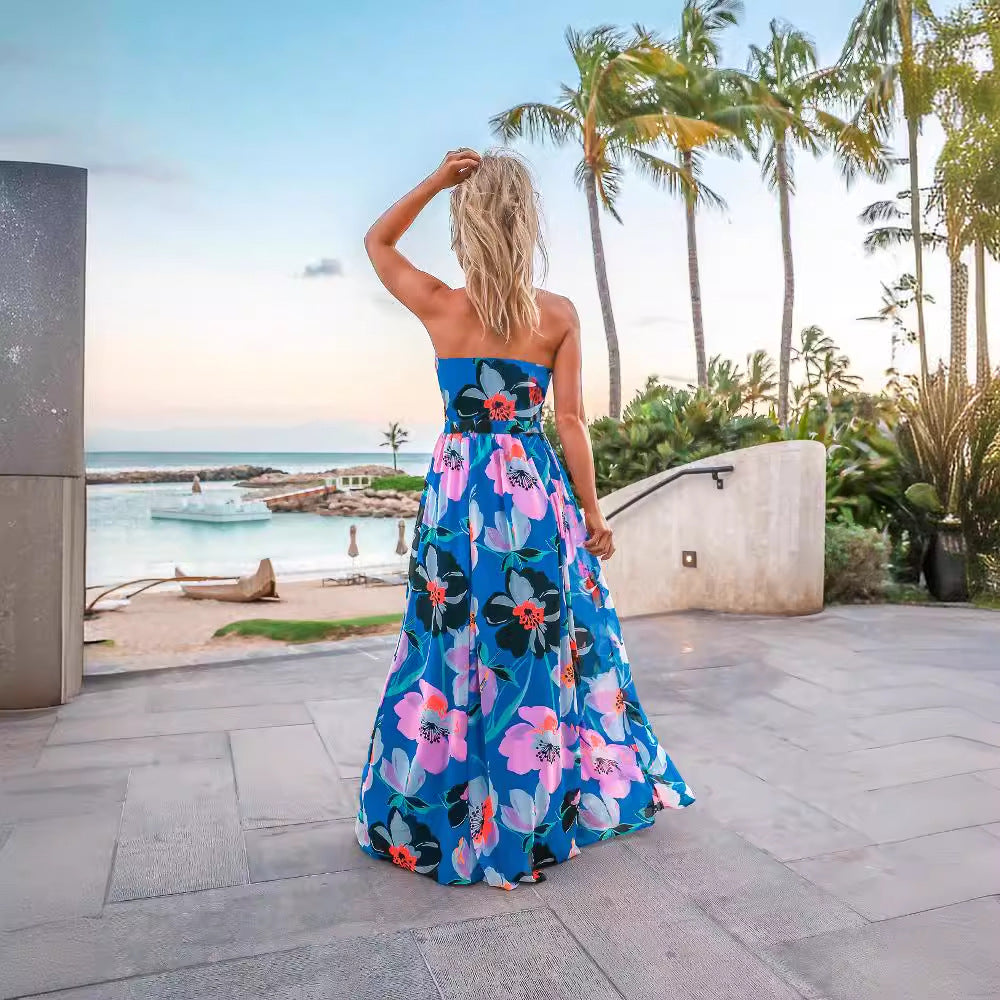 Damen Maxi-Kleid mit tiefem V-Ausschnitt und floralen Details EB