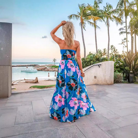 Damen Maxi-Kleid mit tiefem V-Ausschnitt und floralen Details EB