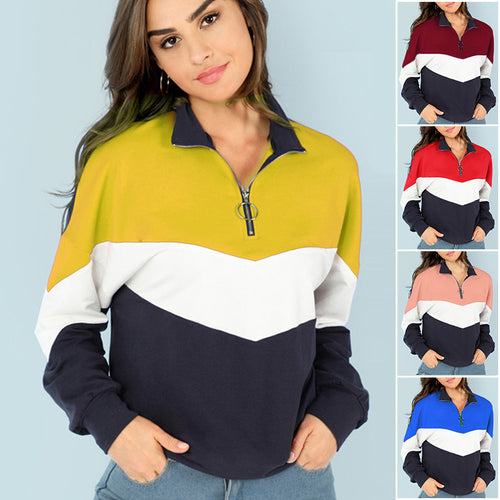Damen sportlicher Sweatshirt mit hohem Kragen und farblich abgesetztem Design EB